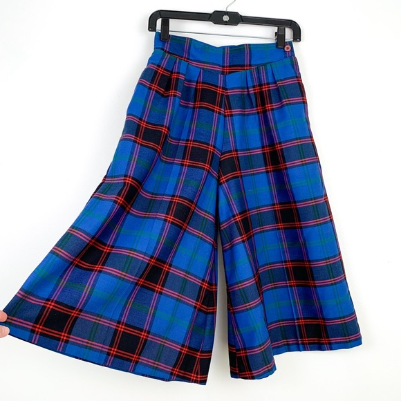 1970s plaid gaucho pants vintage blue tartan wide leg culottes fit like size 0 - Picture 1 of 11